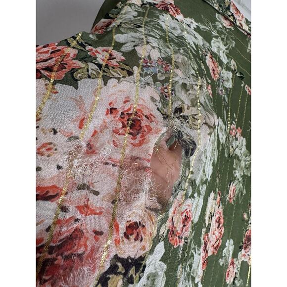 Hemant & Nandita Button Down Short Sleeve Blouse Floral Green L FLAW - Picture 12 of 12